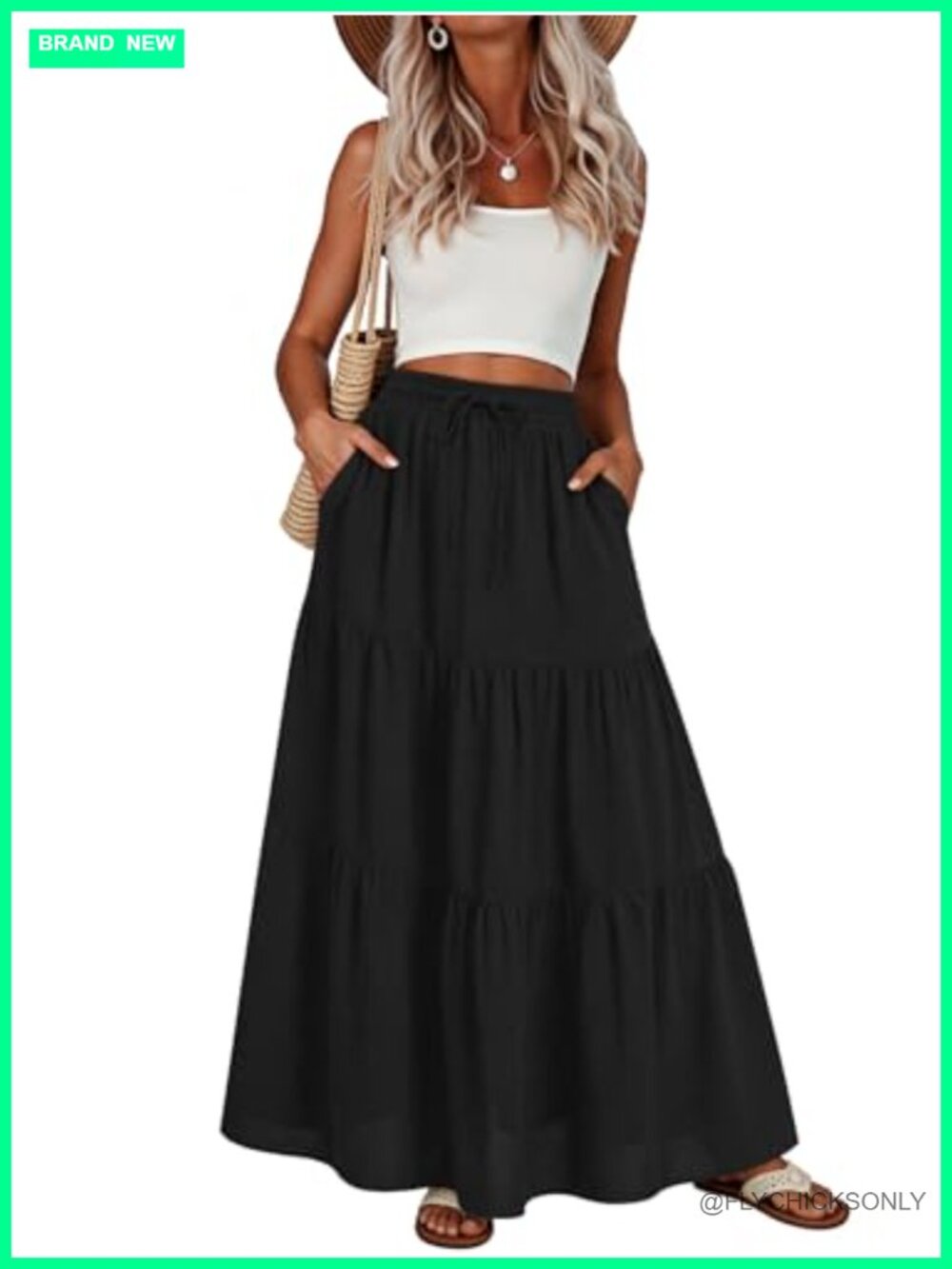 Flowy Maxi Skirt Pleated Tiered A-Line Elastic Waist Midi Skirt Pockets